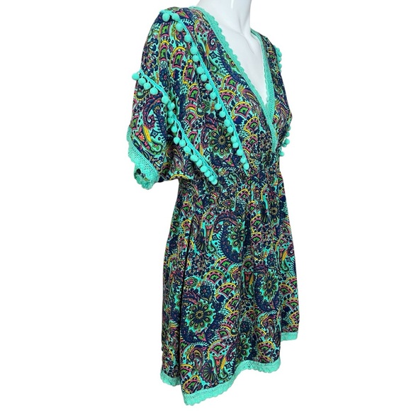 America & Beyond Bohemian Empire Waist Paisley Pom Pom Swim Cover Up Large - Picture 5 of 10